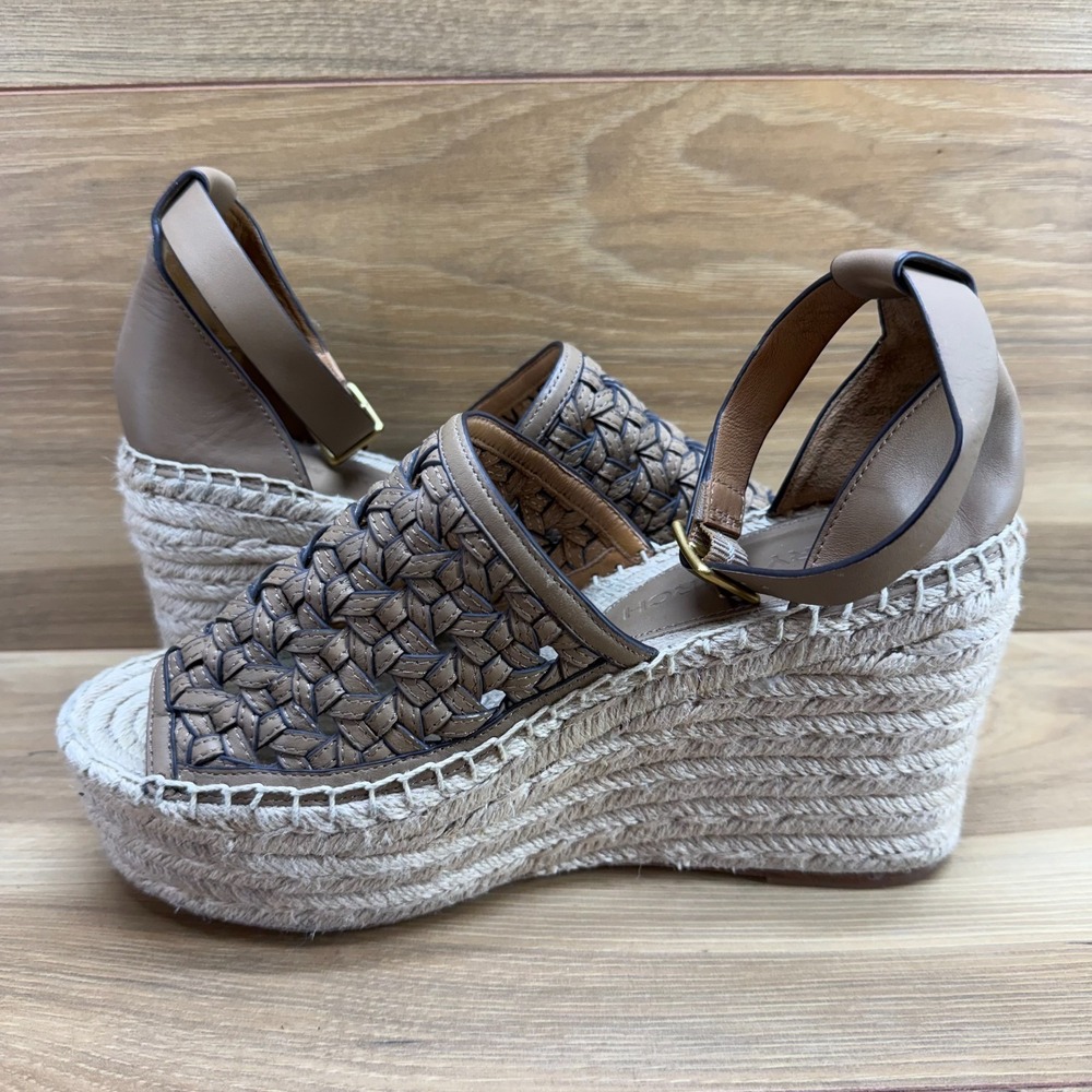 Tory Burch Basketweave Platform Wedge Sandals 8 M Almond Flour Ankle Strap - Picture 6 of 12